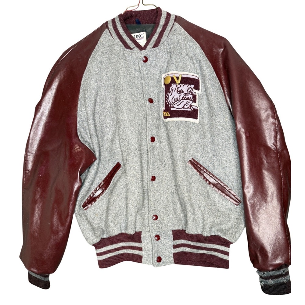 Vintage DeLONG Varsity Jacket Gray Burgundy Bulldog Patch Wool Blend Mens 46